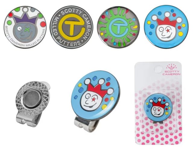 Custom metal golf ball markers with magnetic hat clips in multiple colorful designs