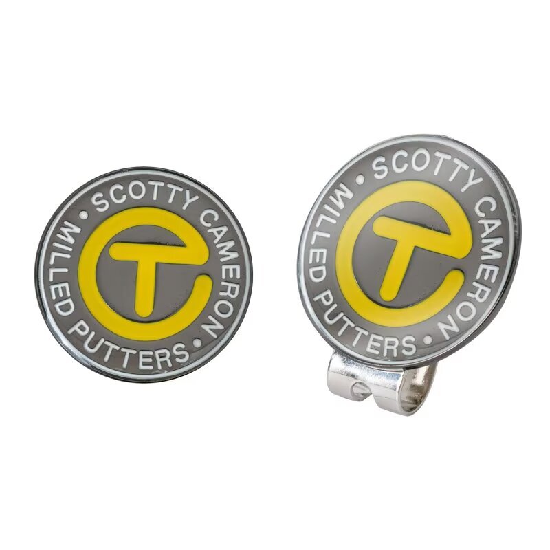 Branded golf ball marker with magnetic hat clip and custom yellow logo design