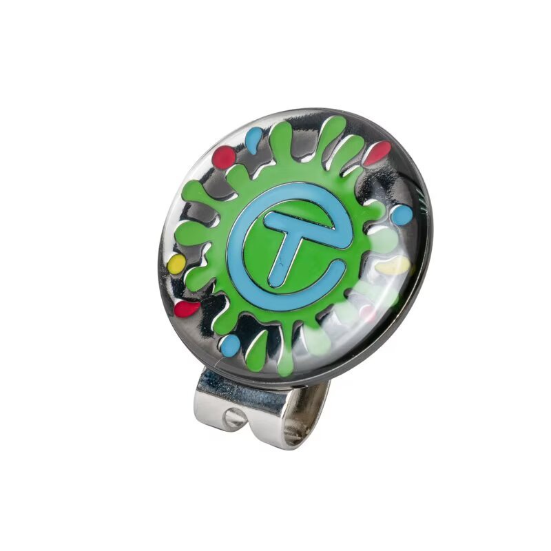 Custom metal golf ball marker with magnetic hat clip and colorful logo design