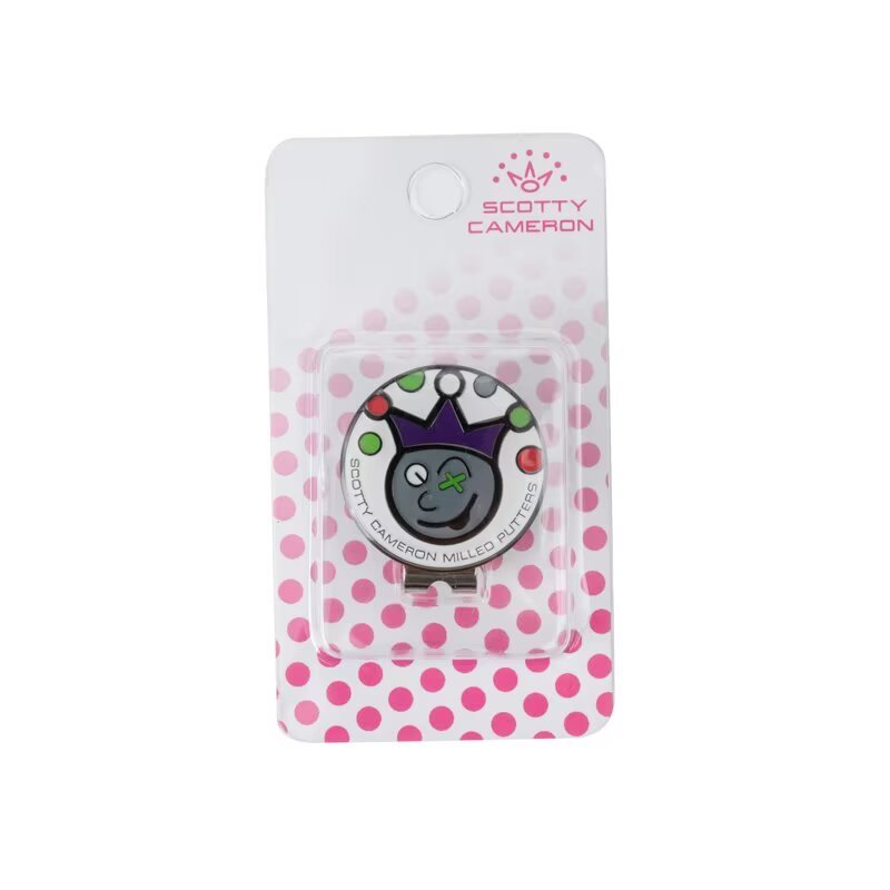 Custom round golf ball marker hat clip with magnetic metal marker and retail packaging