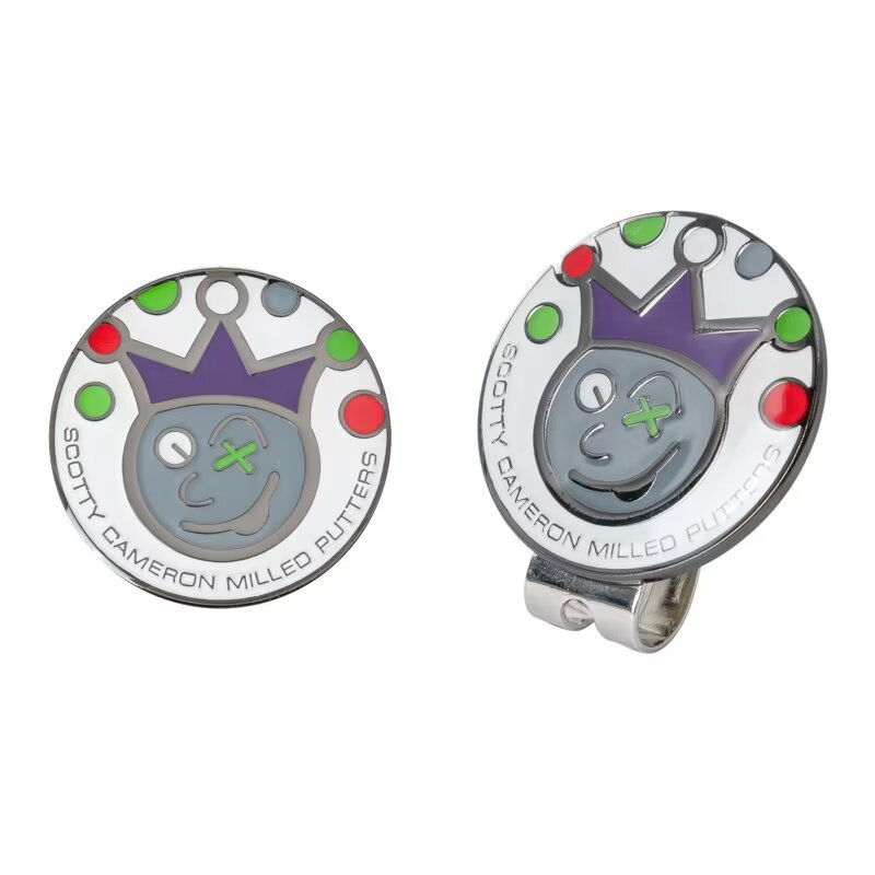 Round metal golf ball marker with magnetic hat clip and colorful enamel design