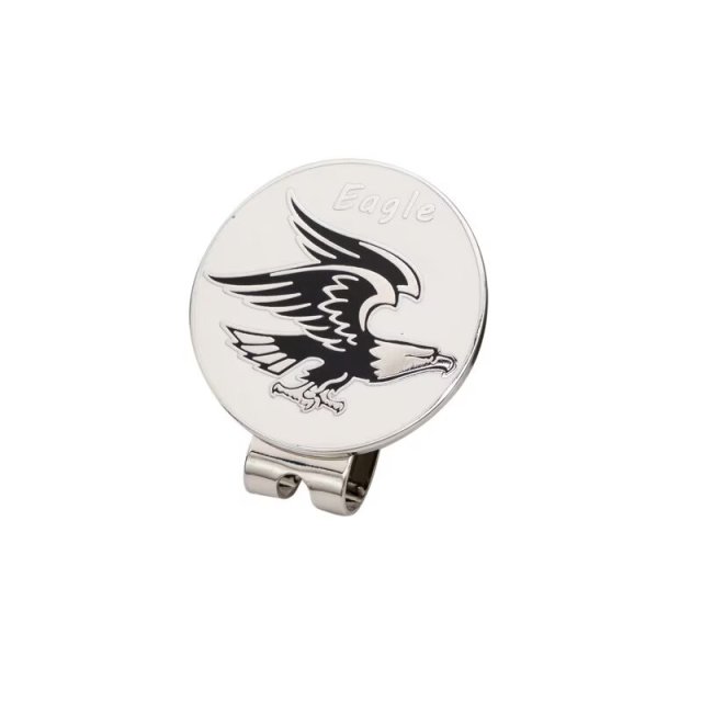 Eagle golf ball marker hat clip with black and white round metal design