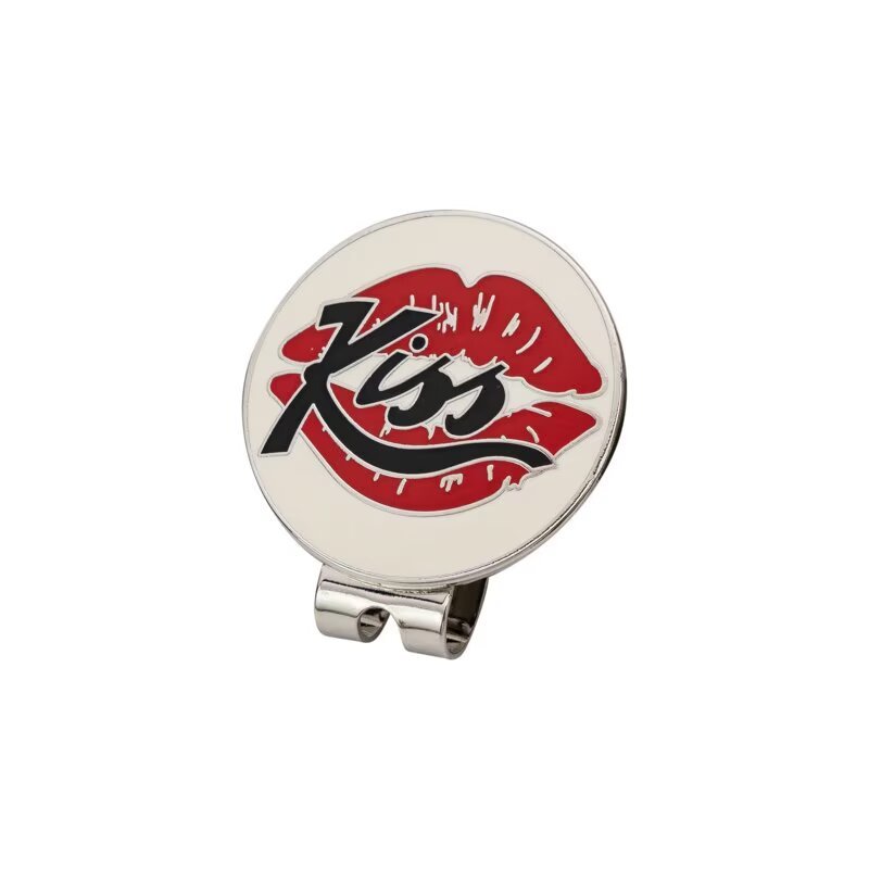 Novelty golf ball marker hat clip with red lip artwork and round metal marker