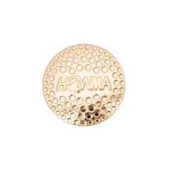 Round embossed metal golf ball marker with custom logo and dimple pattern