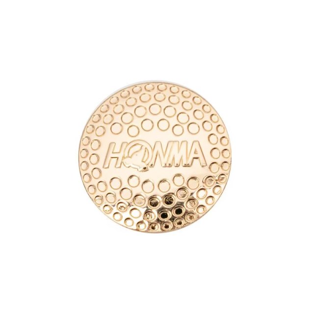 Round embossed metal golf ball marker with custom logo and dimple pattern