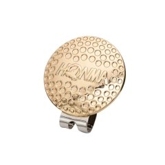 Custom embossed golf ball marker with magnetic hat clip and dimpled metal texture