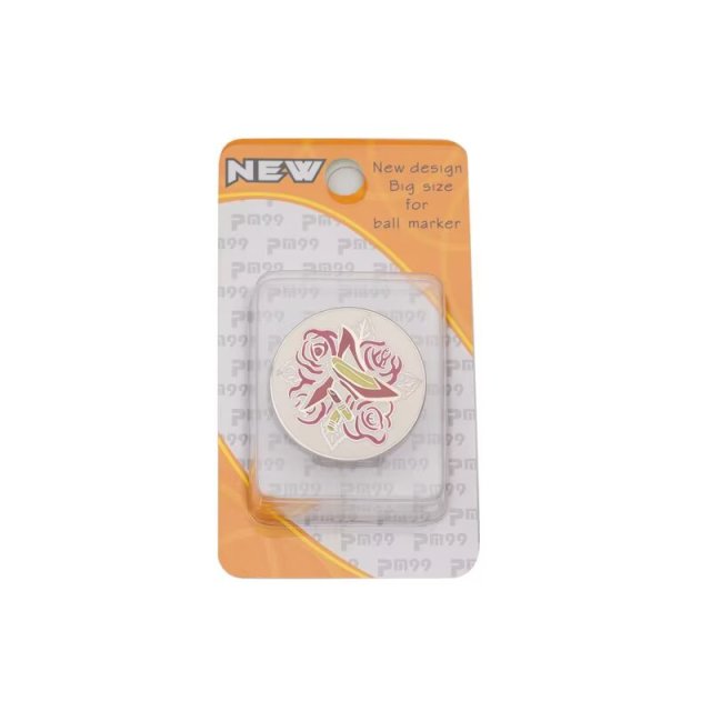 Custom golf ball marker hat clip with decorative metal marker and retail packaging