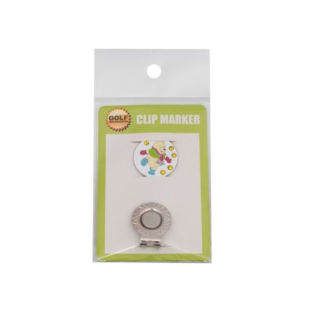 Bear golf ball marker with magnetic hat clip and retail packaging