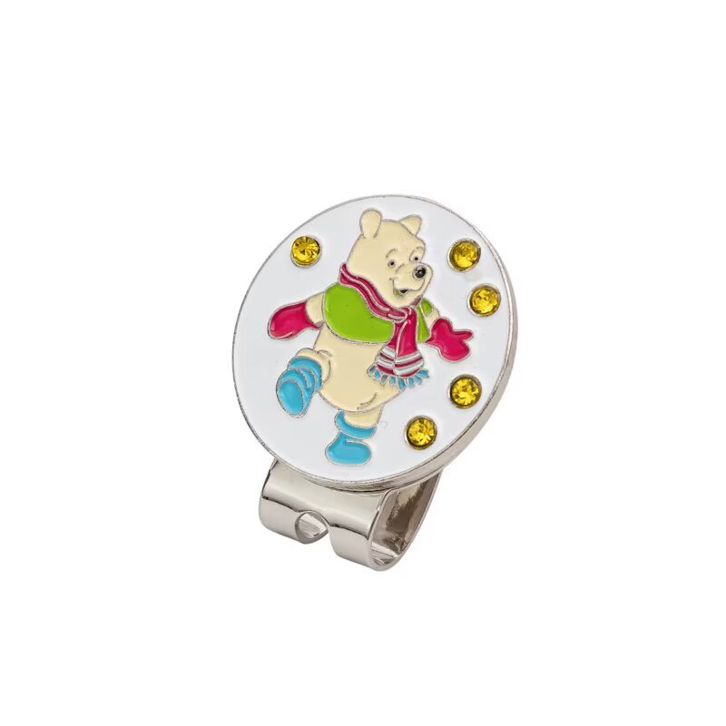 Bear golf ball marker hat clip with yellow gem accents and round metal design