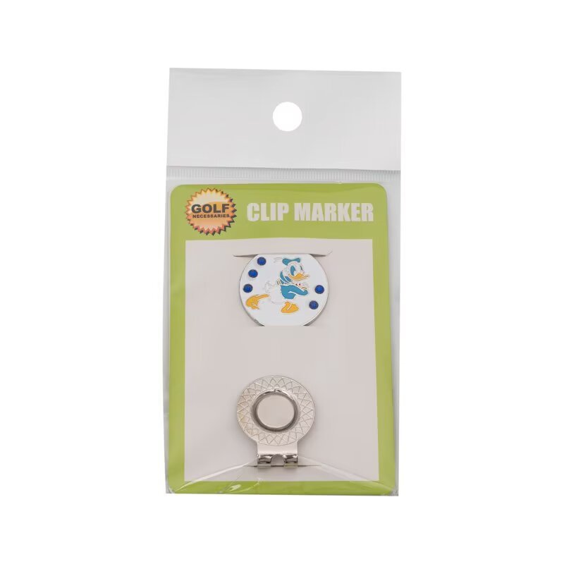 Cartoon golf ball marker with magnetic hat clip and retail packaging