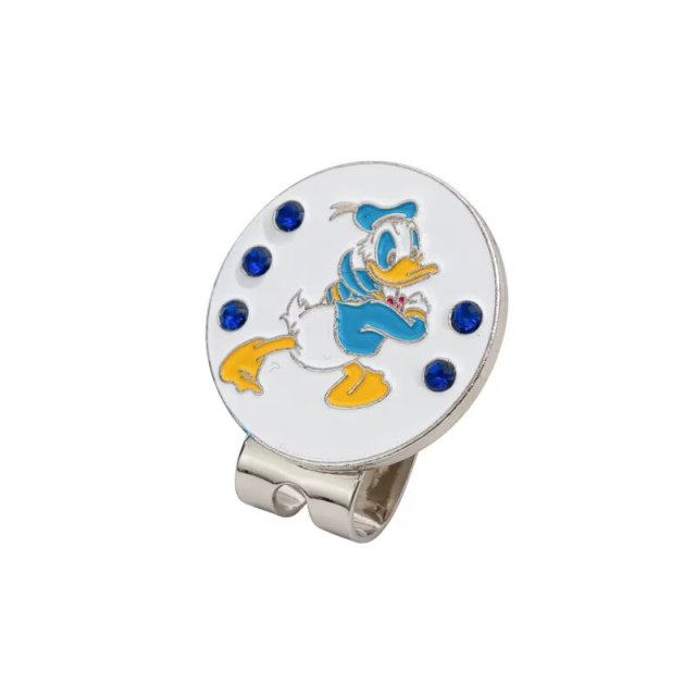 Duck golf ball marker hat clip with blue rhinestone accents and round metal design