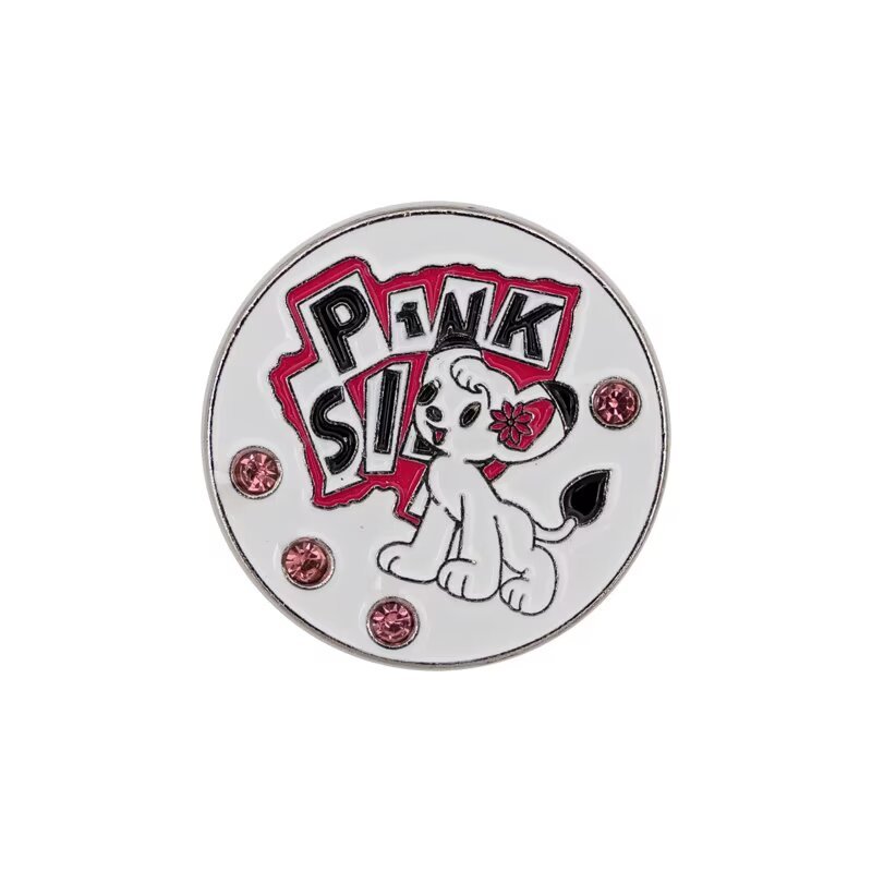 Custom dog golf ball marker with pink rhinestones and enamel pet artwork