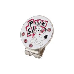 Dog golf ball marker hat clip with pink rhinestone accents and round metal design