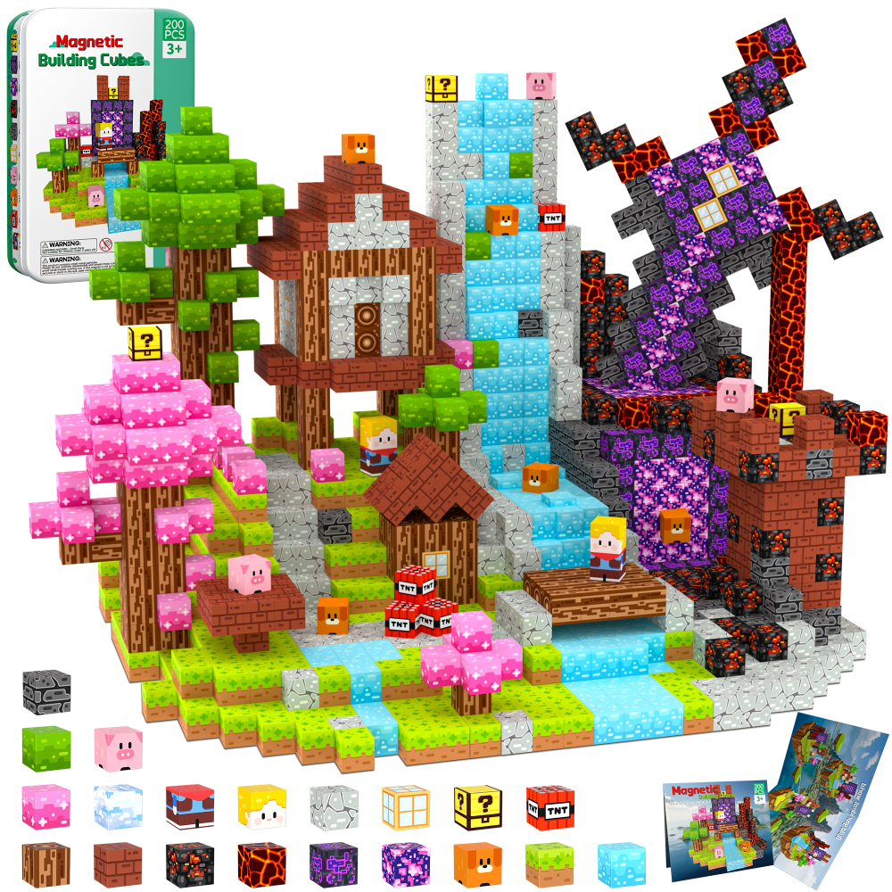iLacven Magnetic Blocks Travel Magnetic Building Blocks Cubes - 200 PCS Tin Box Magnet Toys Set STEM Educational for Kids Ages 3 4 5 6 7 8 9 10 11 12 Year Old Boys Girls Gifts Birthday Christmas