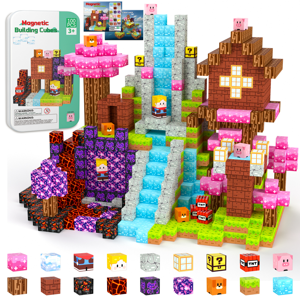 iLacven Magnetic Blocks Travel Magnetic Building Blocks Cubes - 100 PCS Tin Box Magnet Toys Set STEM Educational Stacking for Kids Ages 3 4 5 6 7 8 9 10 11 12 Year Old Boys Girls Birthday Christmas