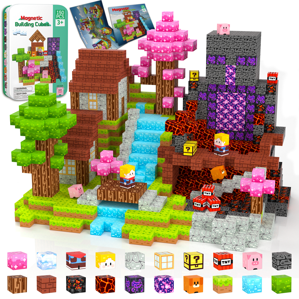 iLacven Magnetic Blocks Travel Magnetic Building Blocks Cubes - 150 PCS Tin Box Magnet Toys Set STEM Educational for Kids Ages 4-8 6-8 8-12 Year Old Boys Girls Gifts Birthday Christmas