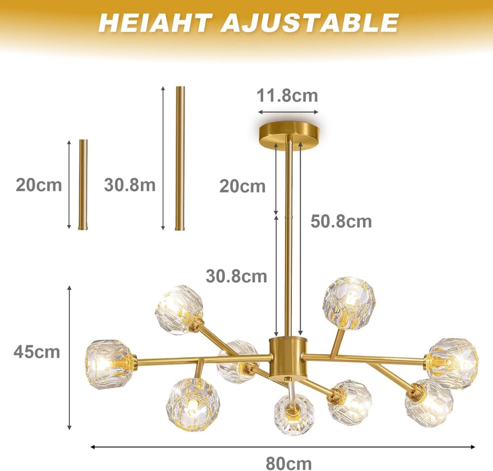 Crystal Ceiling Light, 9 Lights K9 Sputnik Crystal Chandeliers, Semi-Flush Mount Pendant Light, Ceiling Light for Home, Dining Room, Bedroom and Kitchen (Gold)