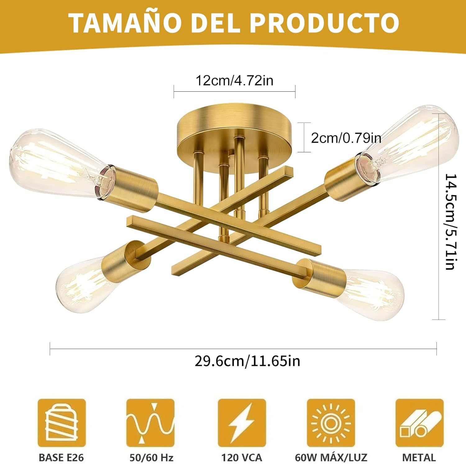 Modern Ceiling Light, Sputnik Candeliers 4 Lights, Semi-Flush Mount Pendant Light, Ceiling Light for Home, Dining Room, Bedroom and Kitchen (Gold)