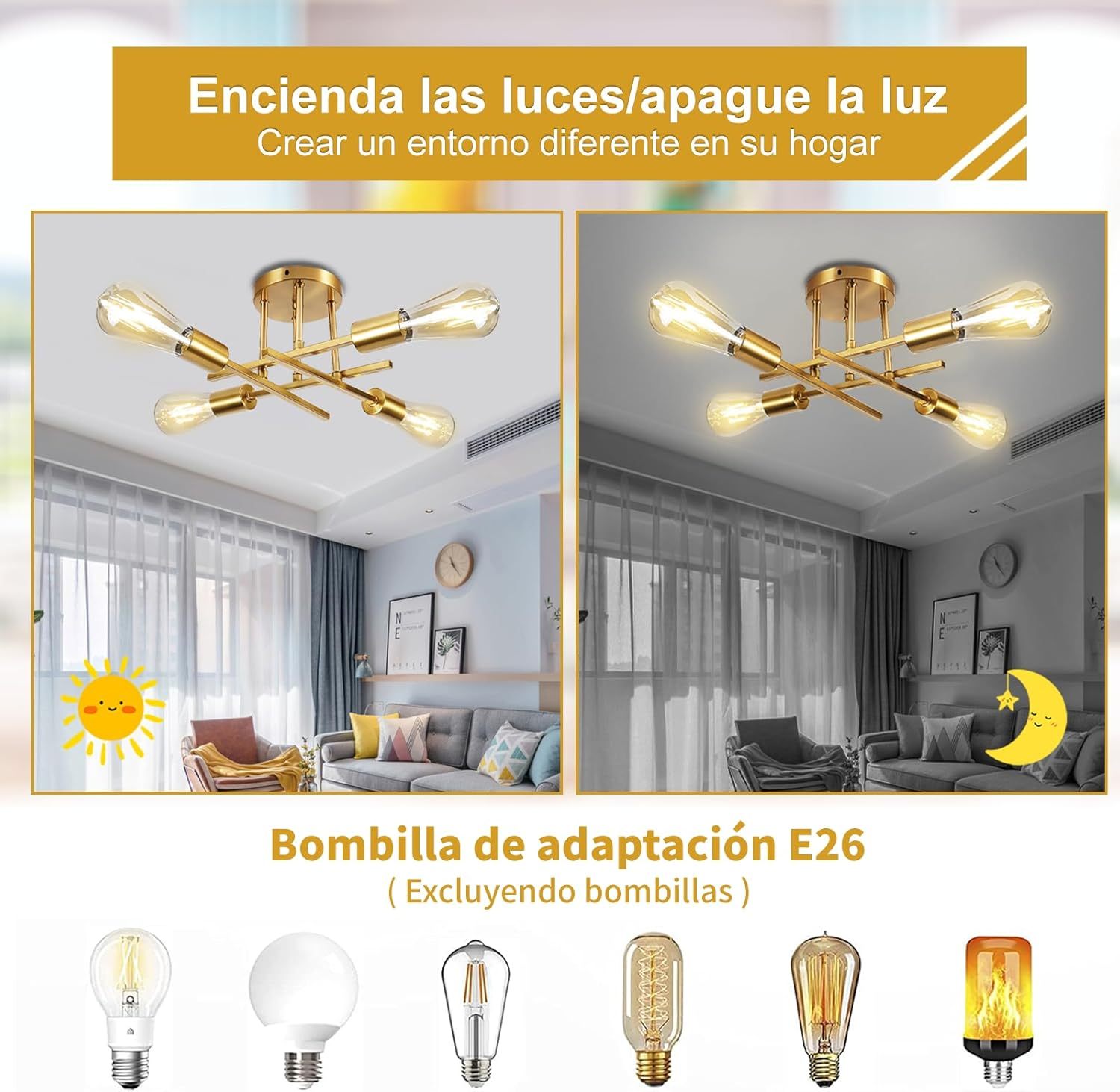 Modern Ceiling Light, Sputnik Candeliers 4 Lights, Semi-Flush Mount Pendant Light, Ceiling Light for Home, Dining Room, Bedroom and Kitchen (Gold)