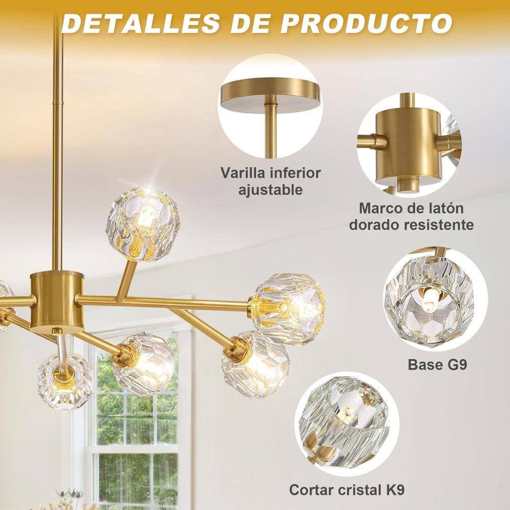 Crystal Ceiling Light, 9 Lights K9 Sputnik Crystal Chandeliers, Semi-Flush Mount Pendant Light, Ceiling Light for Home, Dining Room, Bedroom and Kitchen (Gold)