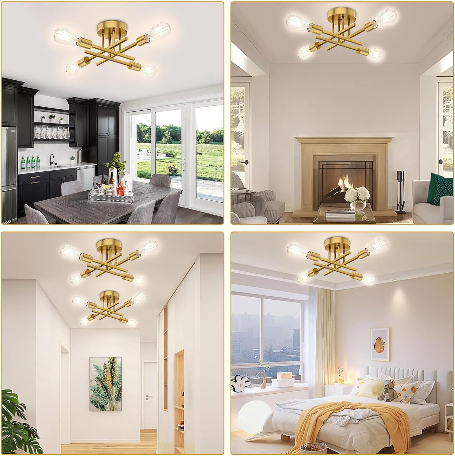 Modern Ceiling Light, Sputnik Candeliers 4 Lights, Semi-Flush Mount Pendant Light, Ceiling Light for Home, Dining Room, Bedroom and Kitchen (Gold)