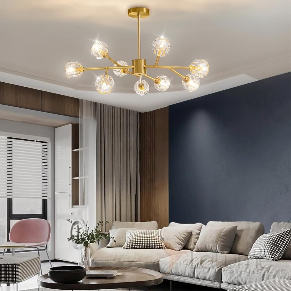 Crystal Ceiling Light, 9 Lights K9 Sputnik Crystal Chandeliers, Semi-Flush Mount Pendant Light, Ceiling Light for Home, Dining Room, Bedroom and Kitchen (Gold)