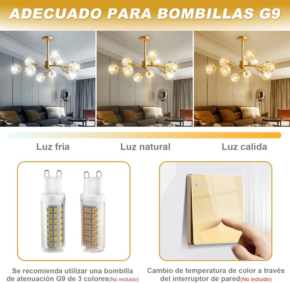 Crystal Ceiling Light, 9 Lights K9 Sputnik Crystal Chandeliers, Semi-Flush Mount Pendant Light, Ceiling Light for Home, Dining Room, Bedroom and Kitchen (Gold)