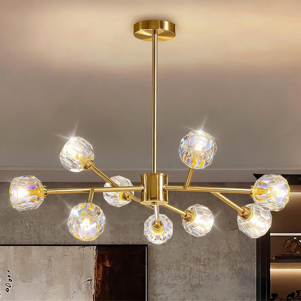 Crystal Ceiling Light, 9 Lights K9 Sputnik Crystal Chandeliers, Semi-Flush Mount Pendant Light, Ceiling Light for Home, Dining Room, Bedroom and Kitchen (Gold)