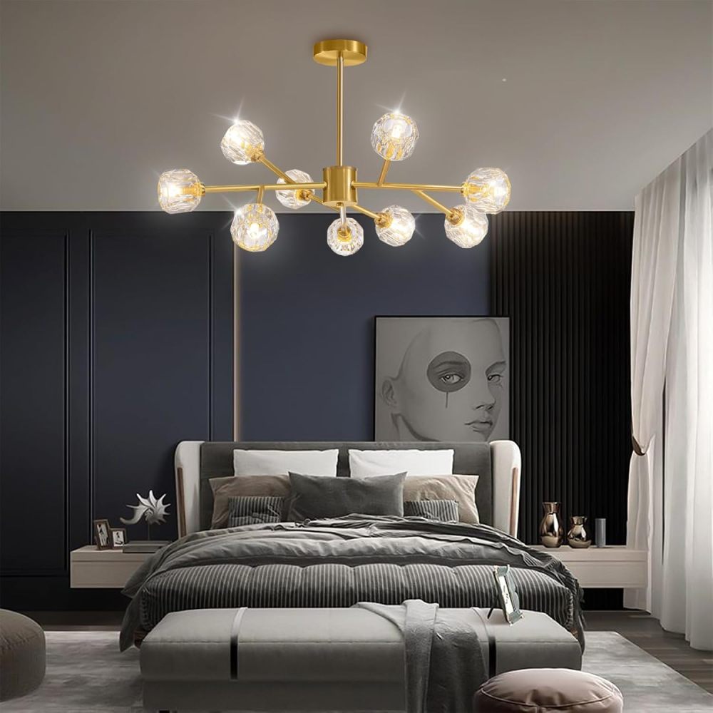 Crystal Ceiling Light, 9 Lights K9 Sputnik Crystal Chandeliers, Semi-Flush Mount Pendant Light, Ceiling Light for Home, Dining Room, Bedroom and Kitchen (Gold)