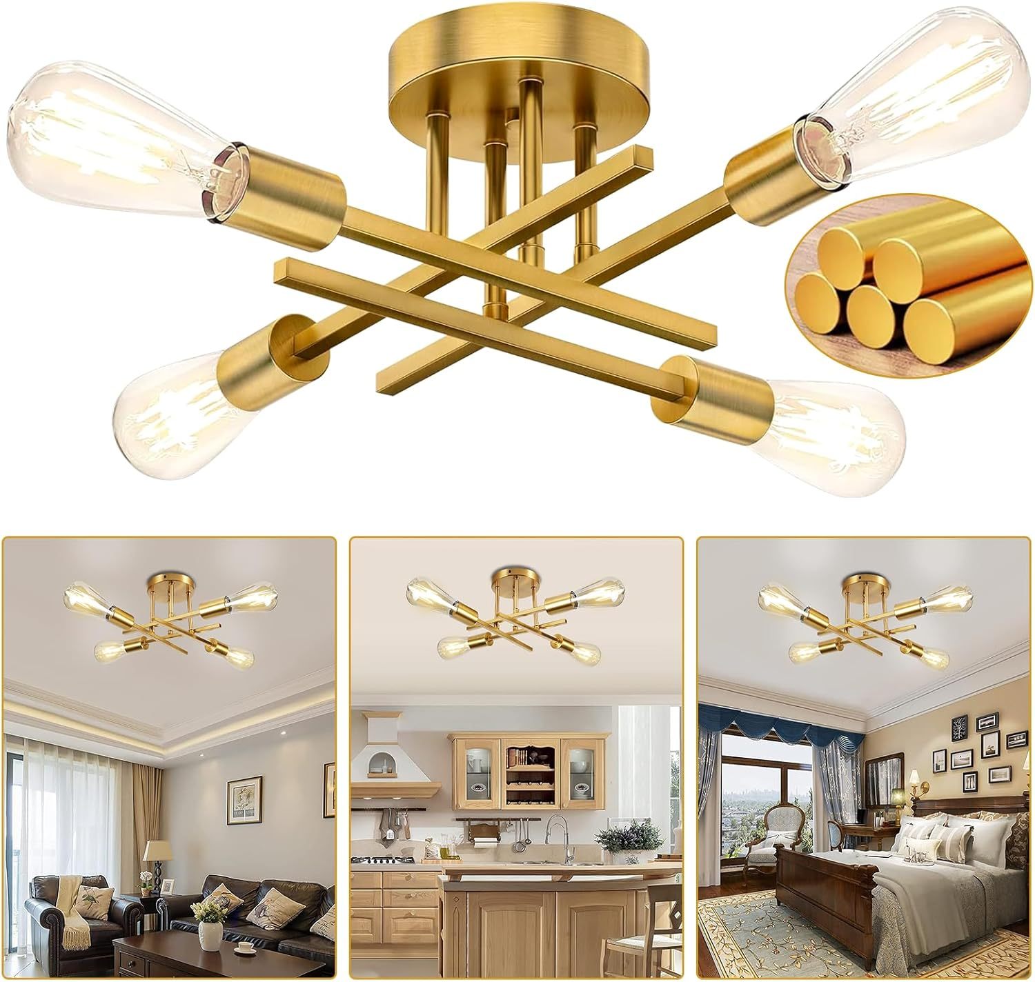 Modern Ceiling Light, Sputnik Candeliers 4 Lights, Semi-Flush Mount Pendant Light, Ceiling Light for Home, Dining Room, Bedroom and Kitchen (Gold)