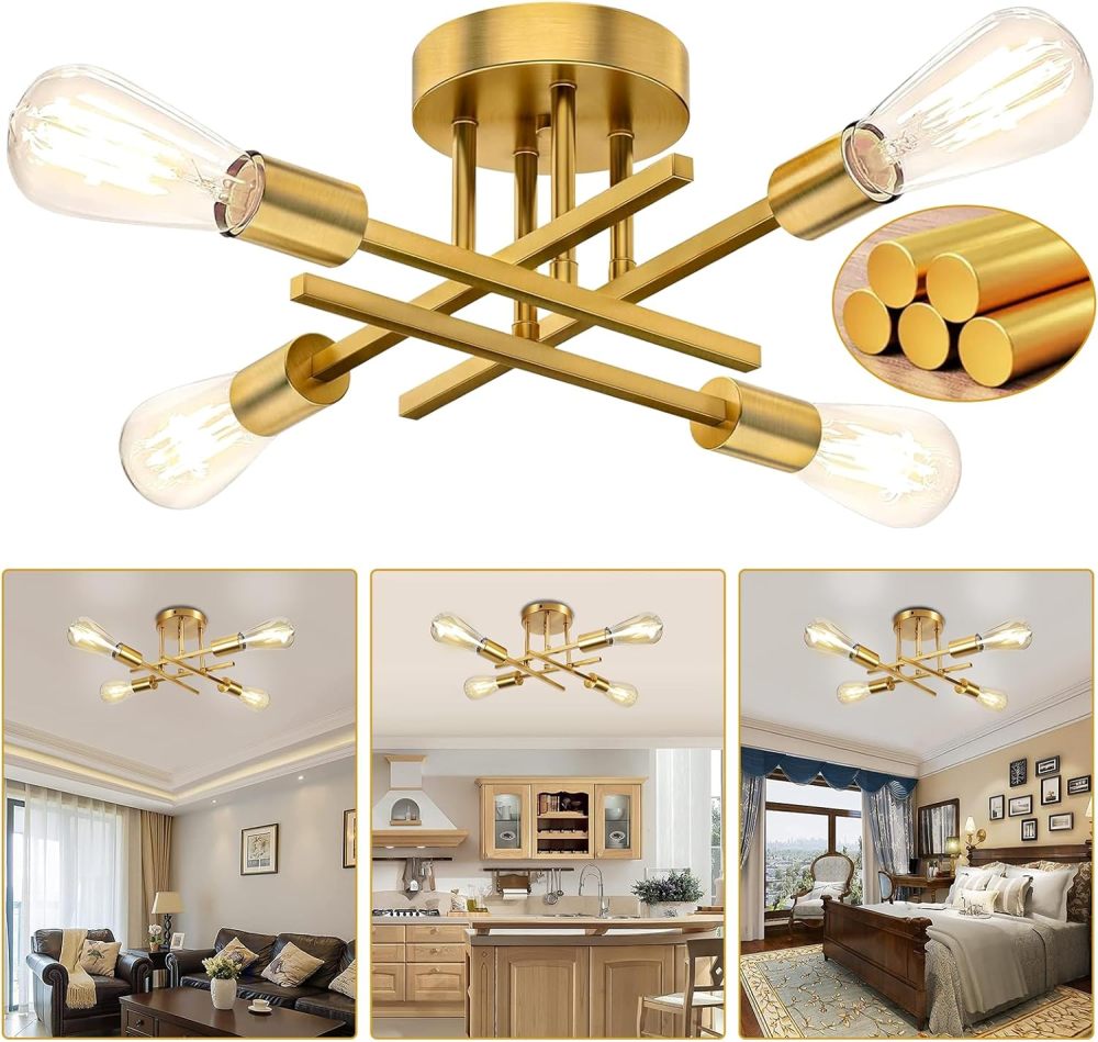 Modern Ceiling Light, Sputnik Candeliers 4 Lights, Semi-Flush Mount Pendant Light, Ceiling Light for Home, Dining Room, Bedroom and Kitchen (Gold)