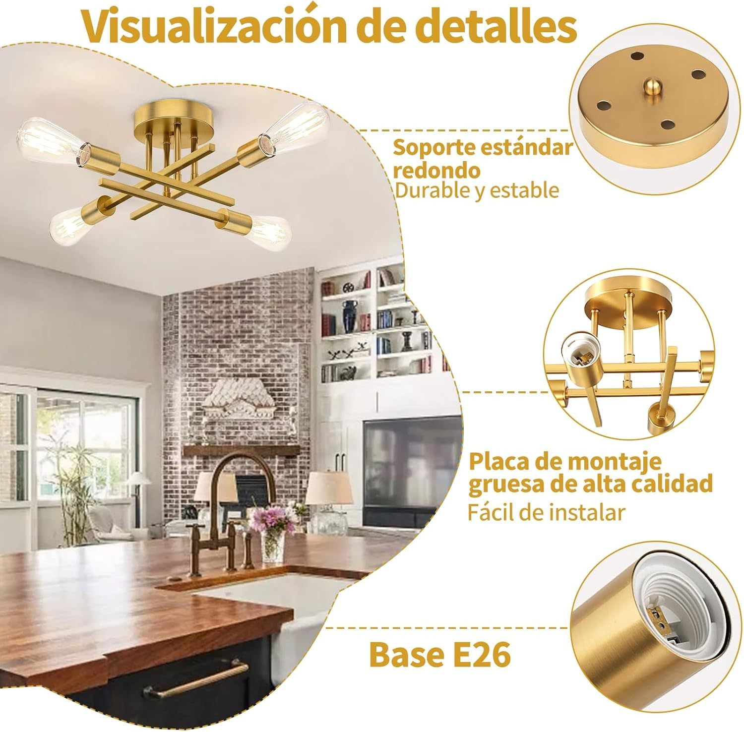 Modern Ceiling Light, Sputnik Candeliers 4 Lights, Semi-Flush Mount Pendant Light, Ceiling Light for Home, Dining Room, Bedroom and Kitchen (Gold)