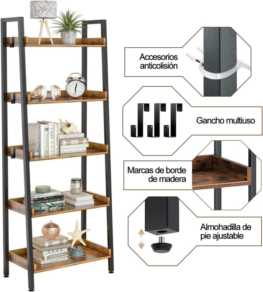 Estantería de Escalera de 5 Niveles con Estante Abierto para Almacenamiento, Estantería Industrial y Estantería para Libros Alta con Ganchos, Estantes de Cocina Dormitorio, Sala, Organizador Esquinero