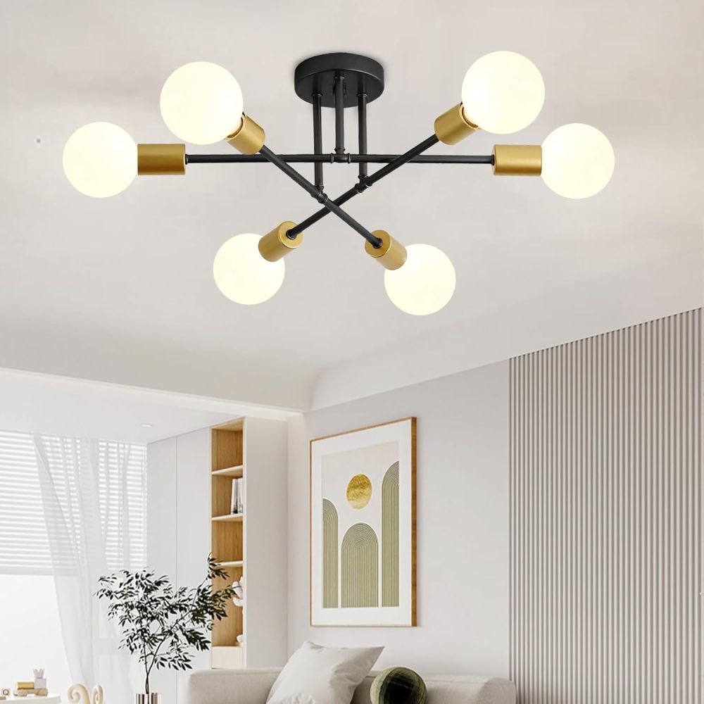 Modern Ceiling Light, Sputnik Candeliers 6 Lights, Satellite Chandelier for Bedroom, Hanging Ceiling Light for Living Room, Dining Room, Kitchen, Office (Black Gold)