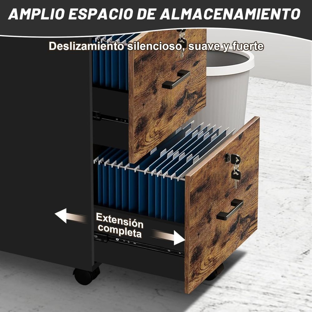 Filing Cabinet with 2 Drawers, Filing Cabinet with 5 Wheels for A4 and Letter Size Files, Under Desk Organizer for Home Office, Lockable Filing Cabinets with Printer Stand