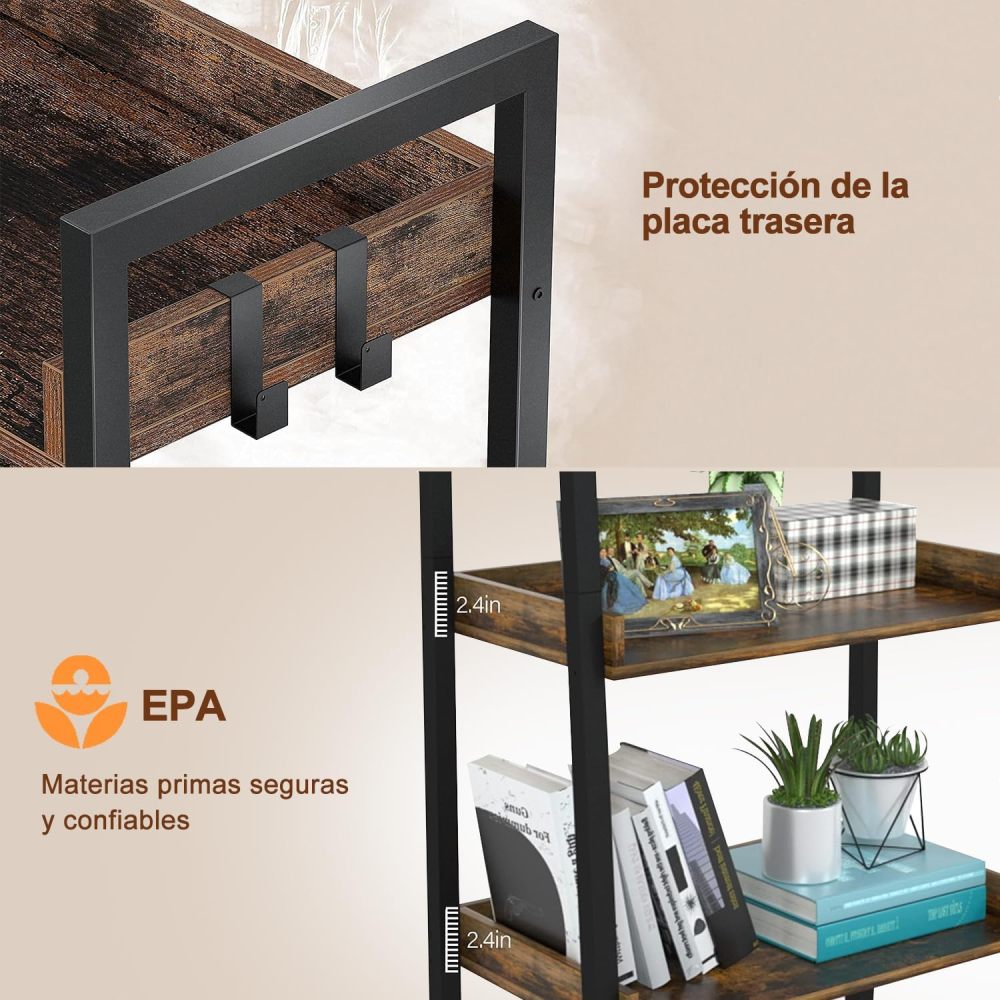 Estantería de Escalera de 5 Niveles con Estante Abierto para Almacenamiento, Estantería Industrial y Estantería para Libros Alta con Ganchos, Estantes de Cocina Dormitorio, Sala, Organizador Esquinero