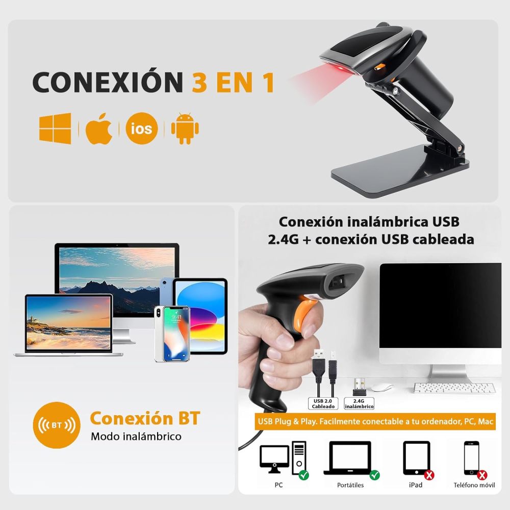WELIKERA Bluetooth Barcode Scanner, 2D 1D Wireless Barcode Reader, Barcode Scanner with Stand and USB Compatible with PC and Laptop, Ideal for Point of Sale