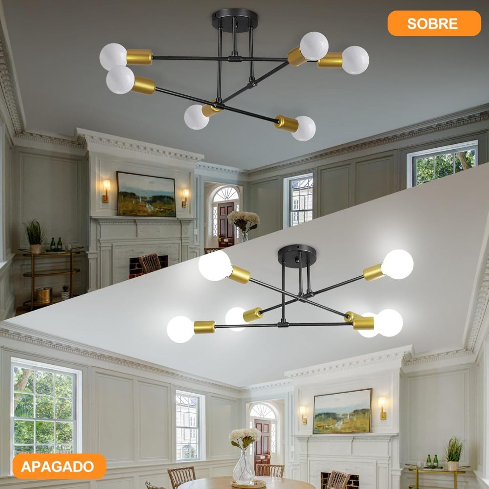 Modern Ceiling Light, Sputnik Candeliers 6 Lights, Satellite Chandelier for Bedroom, Hanging Ceiling Light for Living Room, Dining Room, Kitchen, Office (Black Gold)