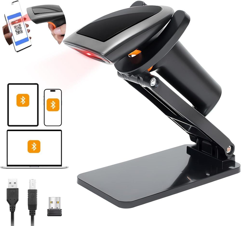 WELIKERA Bluetooth Barcode Scanner, 2D 1D Wireless Barcode Reader, Barcode Scanner with Stand and USB Compatible with PC and Laptop, Ideal for Point of Sale