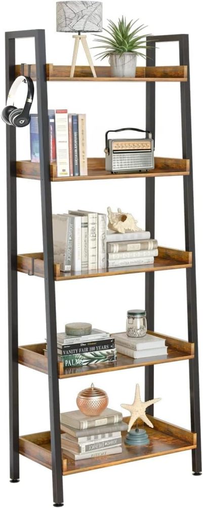Estantería de Escalera de 5 Niveles con Estante Abierto para Almacenamiento, Estantería Industrial y Estantería para Libros Alta con Ganchos, Estantes de Cocina Dormitorio, Sala, Organizador Esquinero