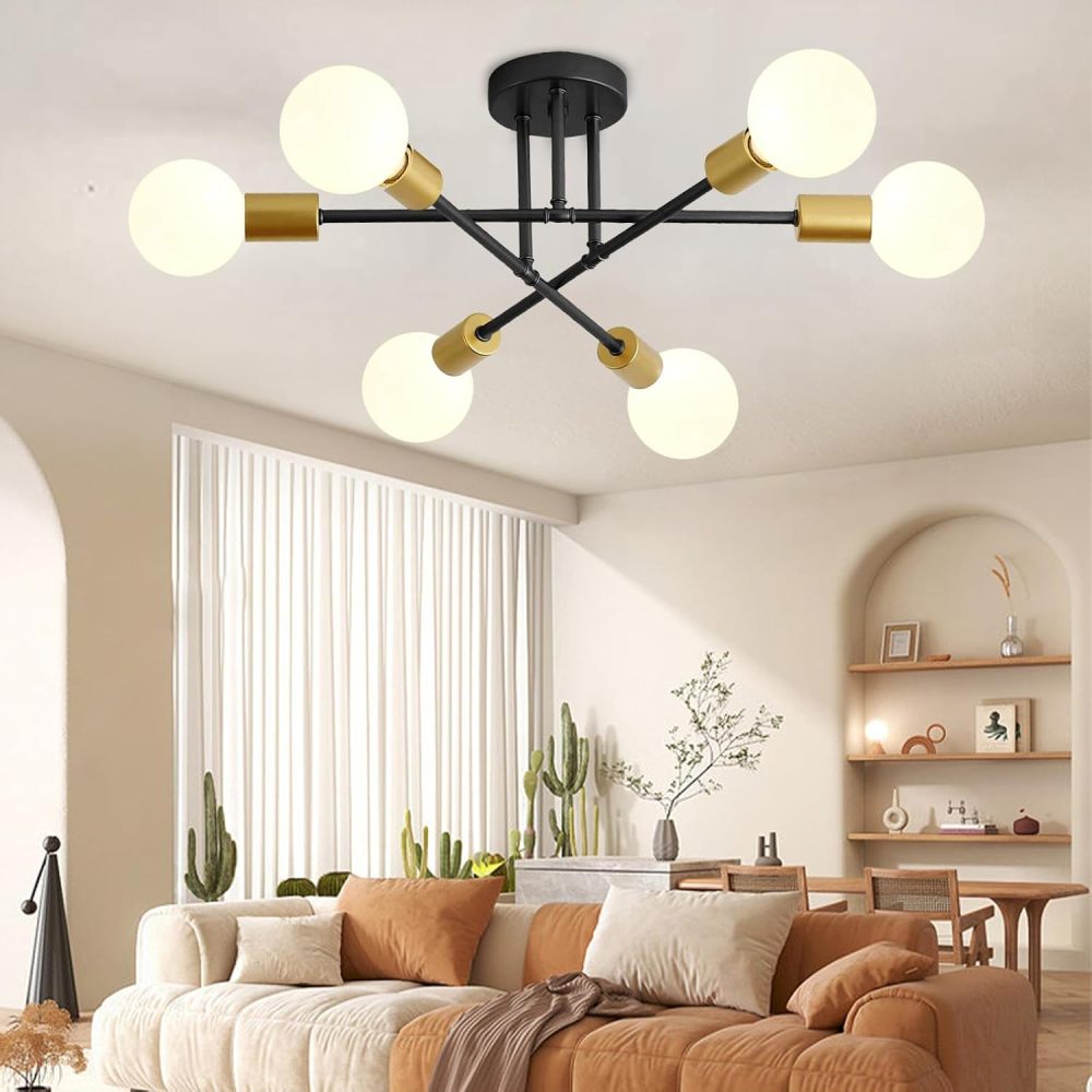 Modern Ceiling Light, Sputnik Candeliers 6 Lights, Satellite Chandelier for Bedroom, Hanging Ceiling Light for Living Room, Dining Room, Kitchen, Office (Black Gold)