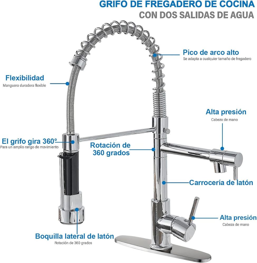 Kitchen Sink Faucet with 2 Outlets, Stainless Steel Mixer Tap, Pull Ring Frees Hands, Single Lever Pull-Out Faucet, Includes 2 Hot and Cold Hoses
