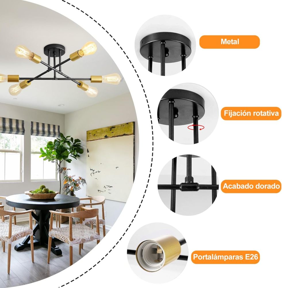 Modern Ceiling Light, Sputnik Candeliers 6 Lights, Satellite Chandelier for Bedroom, Hanging Ceiling Light for Living Room, Dining Room, Kitchen, Office (Black Gold)