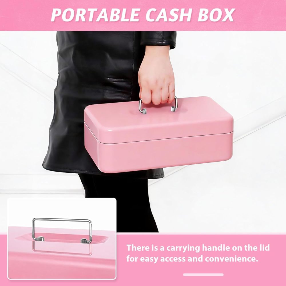 WELIKERA Security Cash Box with Keys and Security Lock, Storage Safe, Large Compartments with 4 Bill Trays and 5 Coin Trays (Pink)