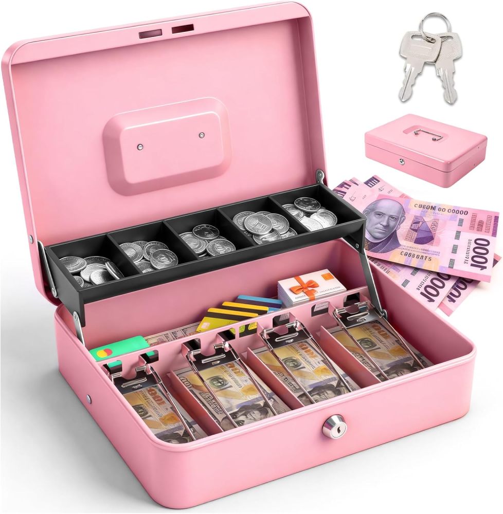 WELIKERA Security Cash Box with Keys and Security Lock, Storage Safe, Large Compartments with 4 Bill Trays and 5 Coin Trays (Pink)