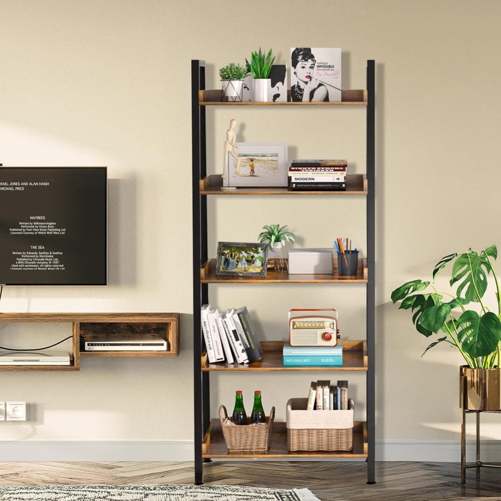 Estantería de Escalera de 5 Niveles con Estante Abierto para Almacenamiento, Estantería Industrial y Estantería para Libros Alta con Ganchos, Estantes de Cocina Dormitorio, Sala, Organizador Esquinero