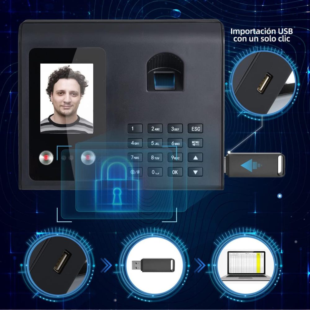3-in-1 Time Clock Attendance Machine with Dual Infrared Cameras, Facial Recognition (500 Faces and 1500 Fingerprints), Biometric Time Clock, Voice Reminder, and Reporting via USB Flash Drive