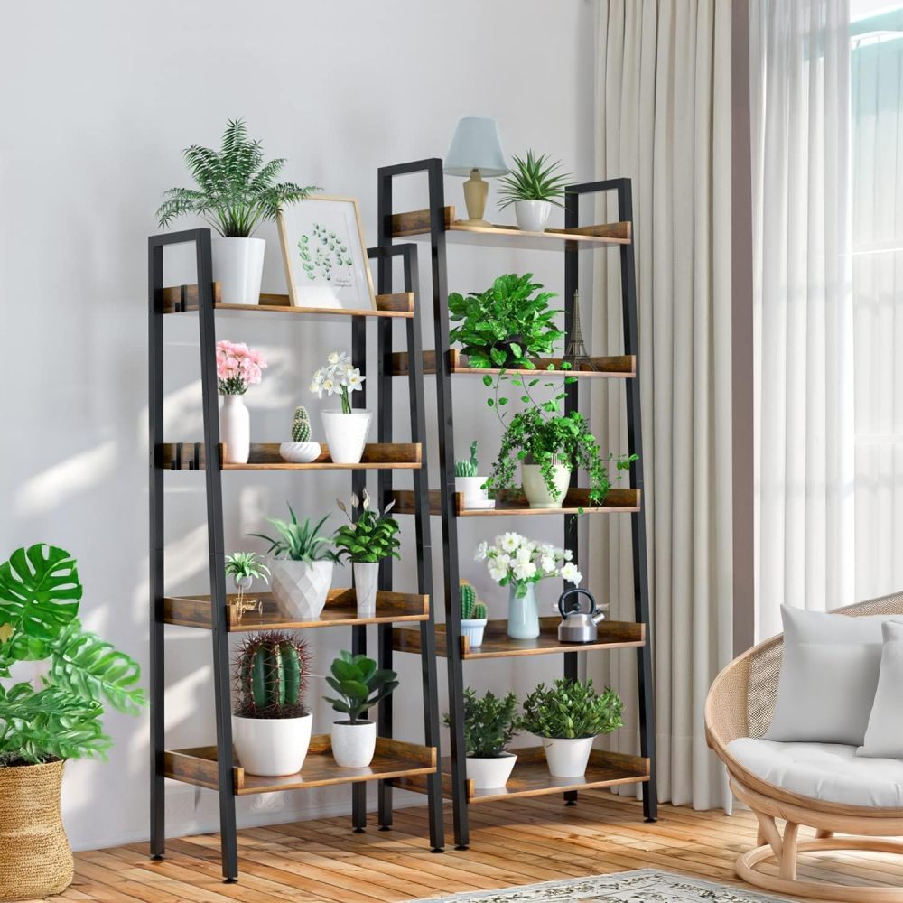 Estantería de Escalera de 5 Niveles con Estante Abierto para Almacenamiento, Estantería Industrial y Estantería para Libros Alta con Ganchos, Estantes de Cocina Dormitorio, Sala, Organizador Esquinero