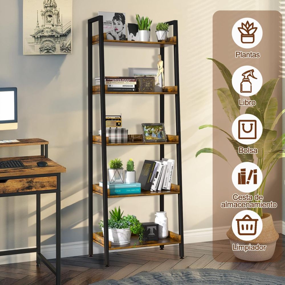 Estantería de Escalera de 5 Niveles con Estante Abierto para Almacenamiento, Estantería Industrial y Estantería para Libros Alta con Ganchos, Estantes de Cocina Dormitorio, Sala, Organizador Esquinero