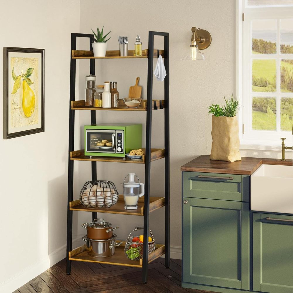 Estantería de Escalera de 5 Niveles con Estante Abierto para Almacenamiento, Estantería Industrial y Estantería para Libros Alta con Ganchos, Estantes de Cocina Dormitorio, Sala, Organizador Esquinero